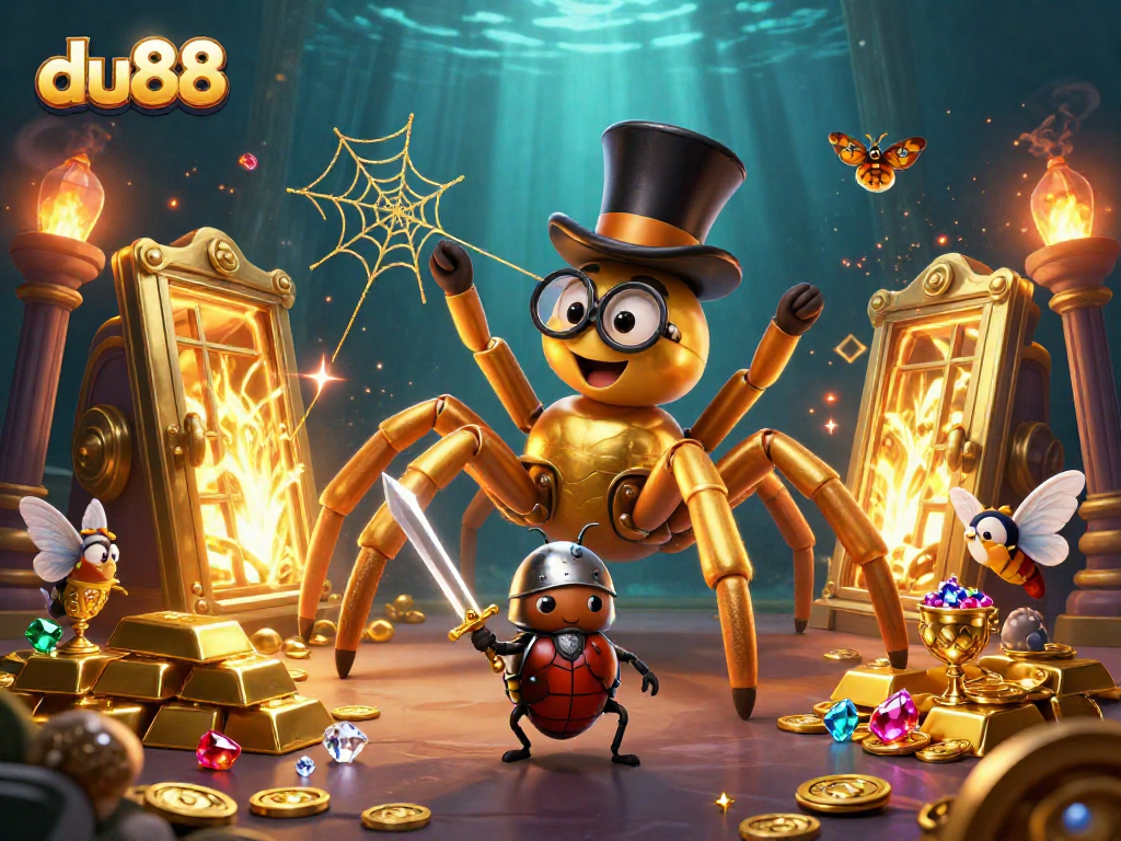 Engage in thrilling bets with du88, represented by a golden tarantula and brave beetle knight in a vibrant casino world.