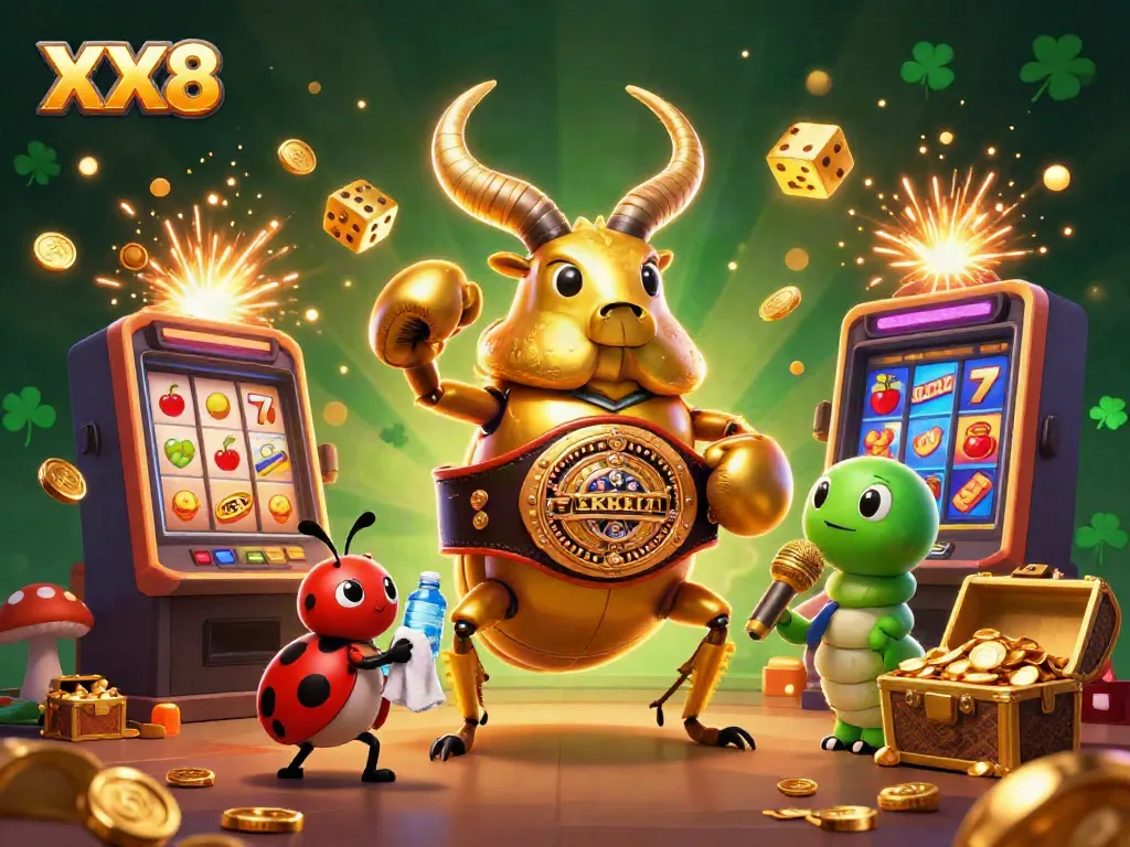 Experience thrilling gaming at XX8 with a golden stag beetle champion in a vibrant casino scene.