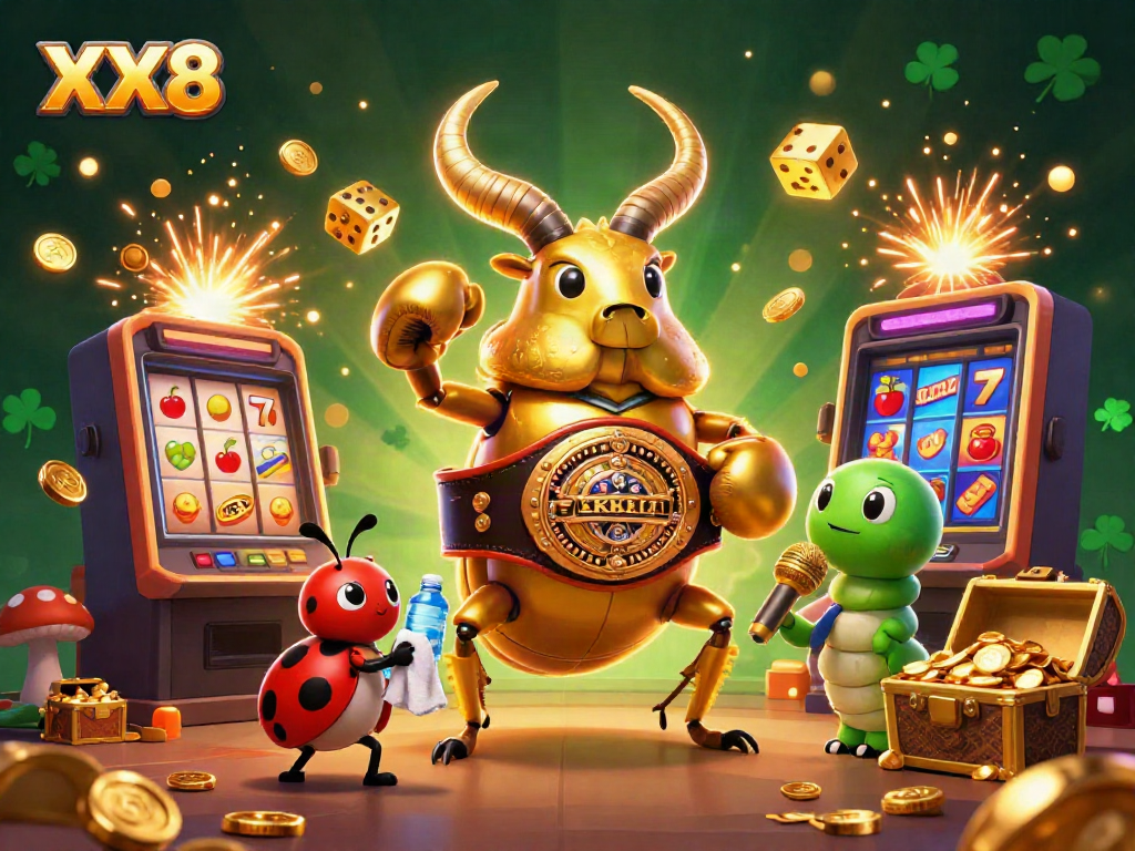 Experience thrilling gaming at XX8 with a golden stag beetle champion in a vibrant casino scene.