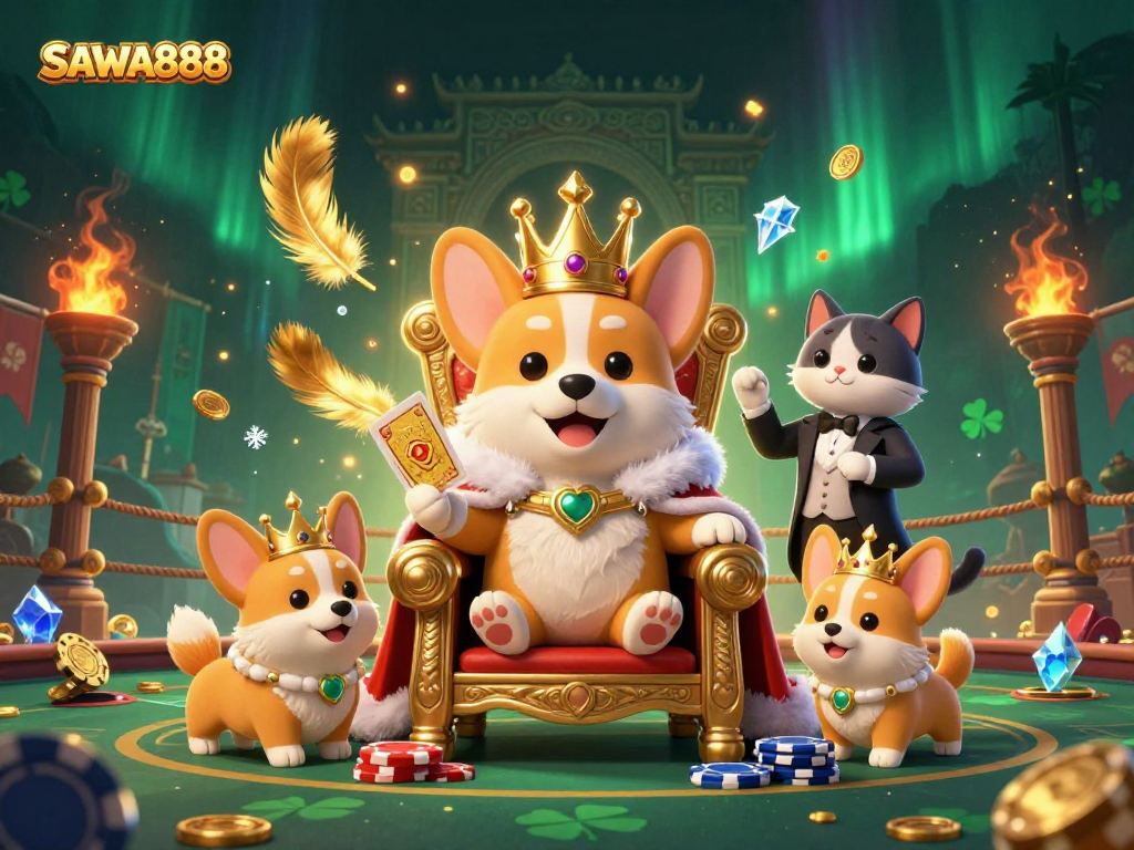 Experience excitement at SAWA888, featuring a royal corgi enjoying poker amidst stunning casino visuals.