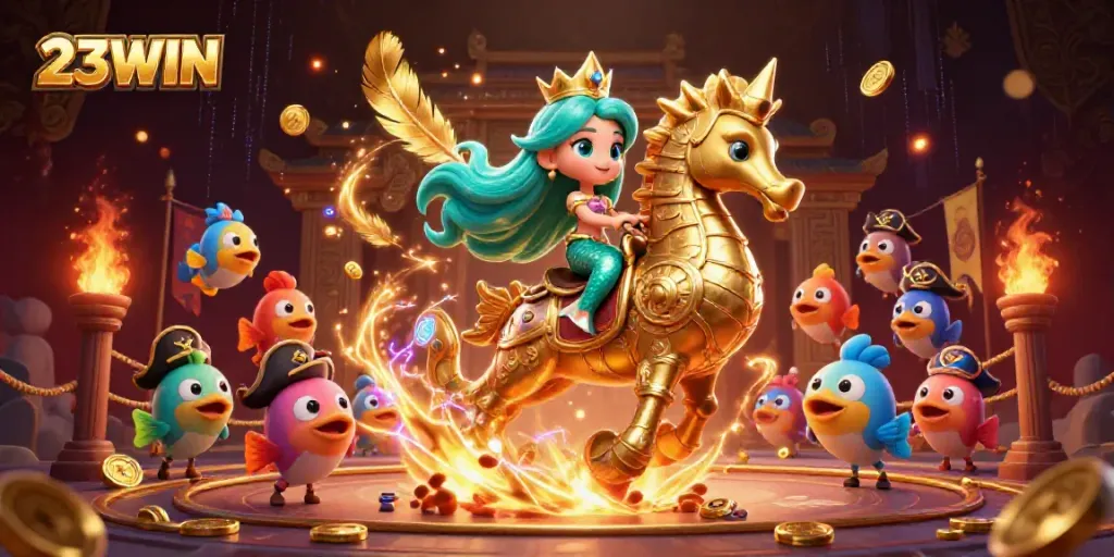 Engage with 23WIN's vibrant 3D casino scene featuring a mermaid princess and seahorse.