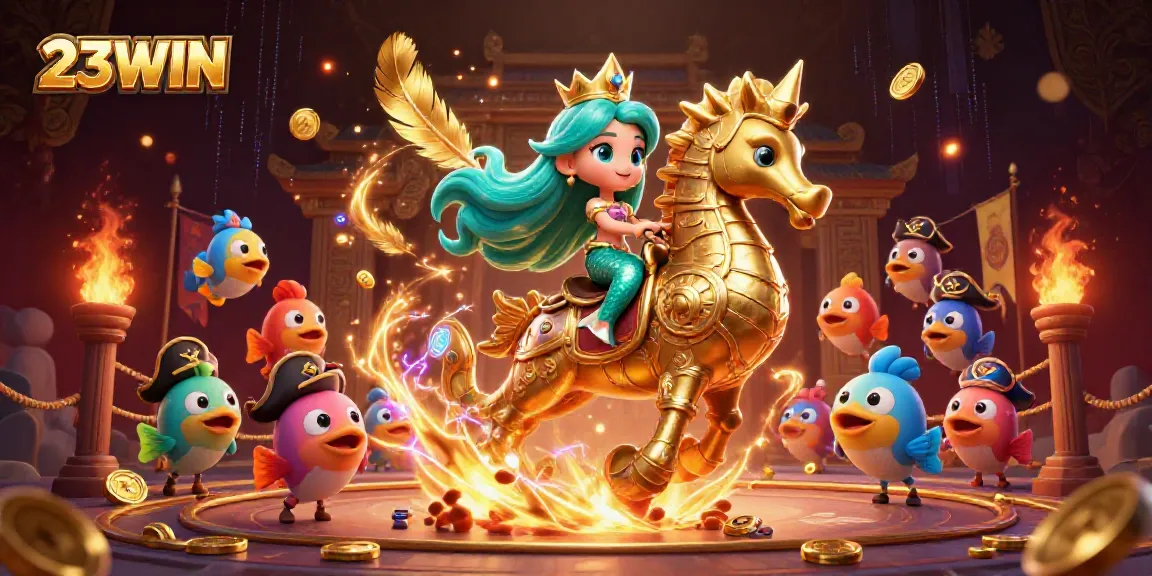 Engage with 23WIN's vibrant 3D casino scene featuring a mermaid princess and seahorse.