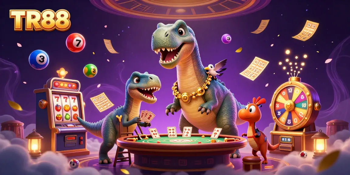 Experience the thrill of TR88 with a giant dinosaur in a packed casino scene featuring exciting gaming elements.