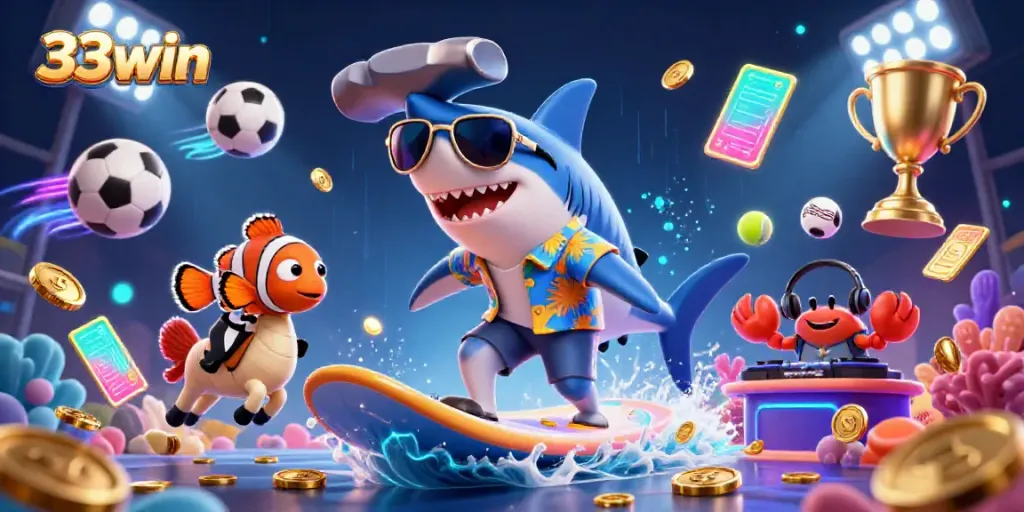 Experience thrilling gameplay at 33win with a cartoon shark surfing on gold coins.