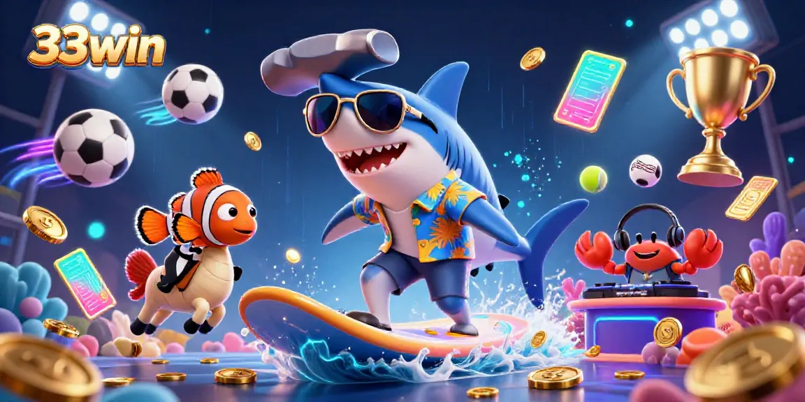 Experience thrilling gameplay at 33win with a cartoon shark surfing on gold coins.
