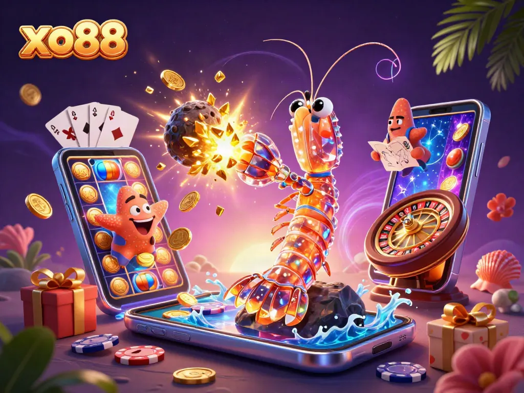 Experience thrilling wins at xo88 with a galactic samurai and starfish guiding through vibrant casino elements.