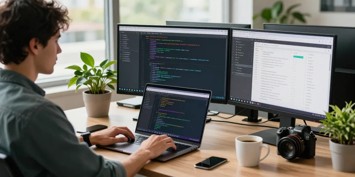Build internal tools with AI in a tech workspace showcasing a developer coding and collaborating with modern tools.
