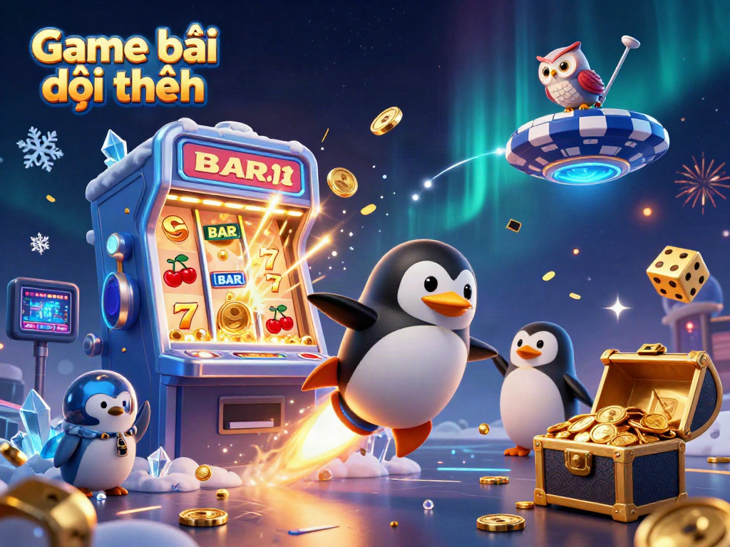 Experience Game bài đổi thưởng with a vibrant, dynamic 3D casino scene featuring a golden penguin and slot machine.