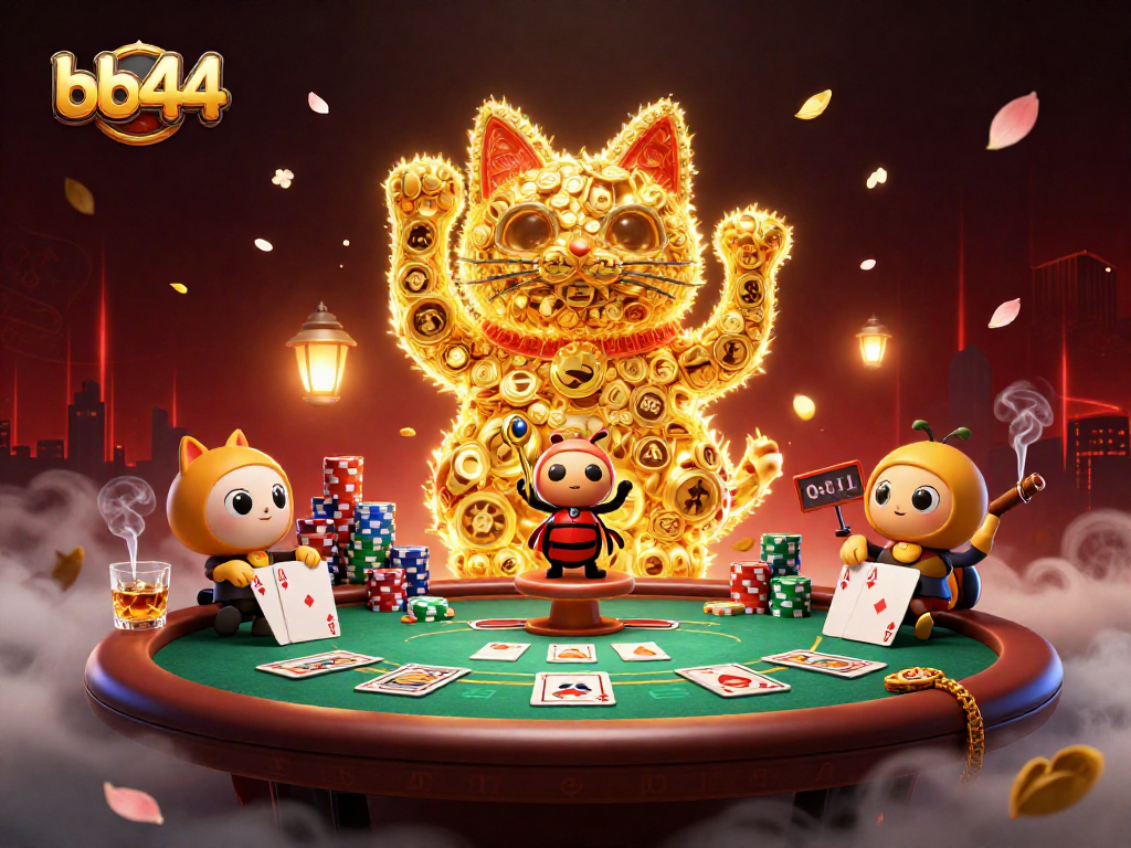Engage with bb44's vibrant 3D illustration showcasing a lucky cat and casino game elements in a lively scene.