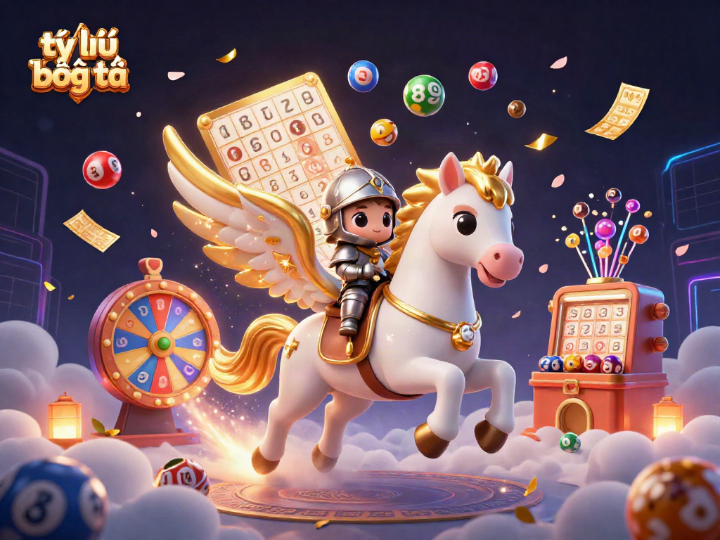 Experience tỷ lệ bóng đá with dynamic animated elements like bouncing lottery balls and a magical celestial horse scene.