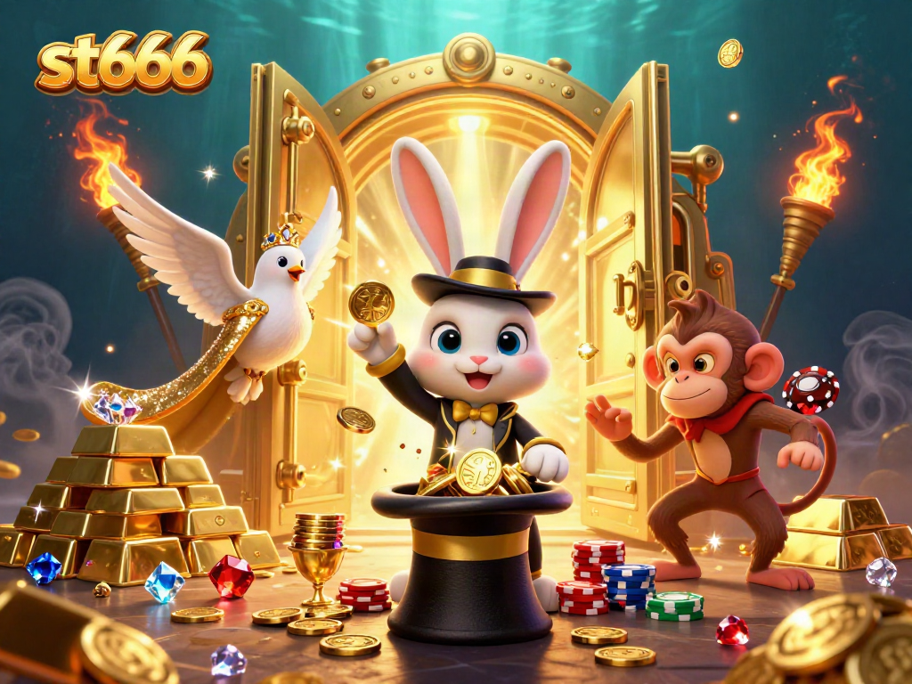 Win big with st666 as a magician rabbit unlocks golden treasures in a vibrant casino scene.