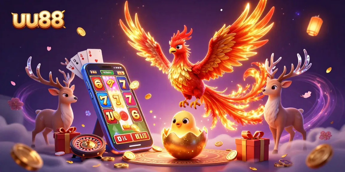 Experience winning opportunities with uu88 through dynamic gaming elements and vibrant characters in this casino illustration.