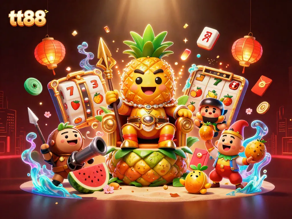 Experience excitement with tt88 at a vibrant casino scene featuring golden pineapple king and game elements.