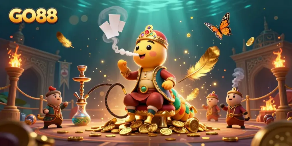 Experience dynamic gameplay with GO88's creative 3D casino illustration featuring enchanting characters and poker symbols.