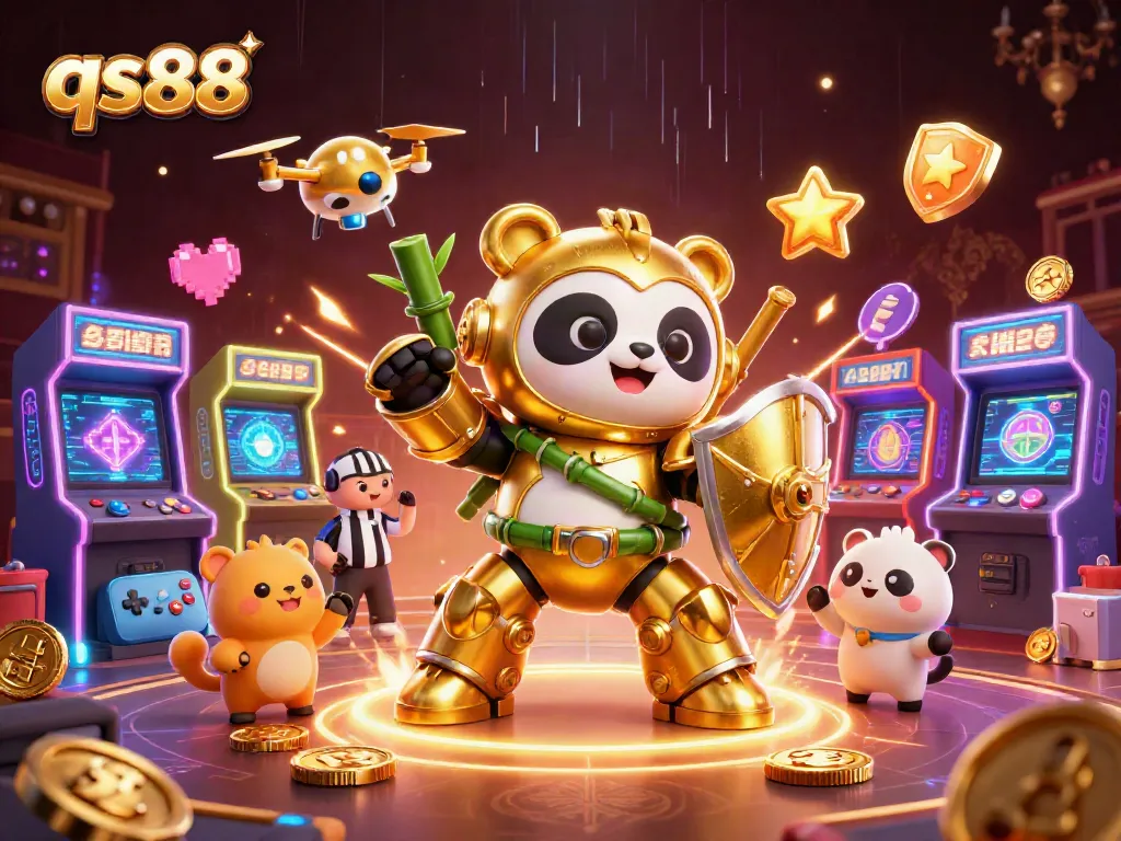 Engage in vibrant gaming action with qs88, featuring a golden panda robot in a dynamic casino scene.
