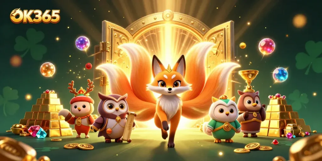 Experience excitement at OK365 with a lively nine-tailed fox spirit amidst gold and gems in a vibrant casino