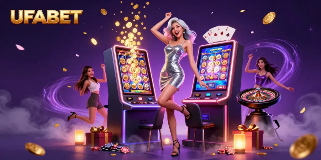Experience thrilling gameplay at UFABET with an exciting Asian woman celebrating a jackpot win, surrounded by vibrant casino elements.