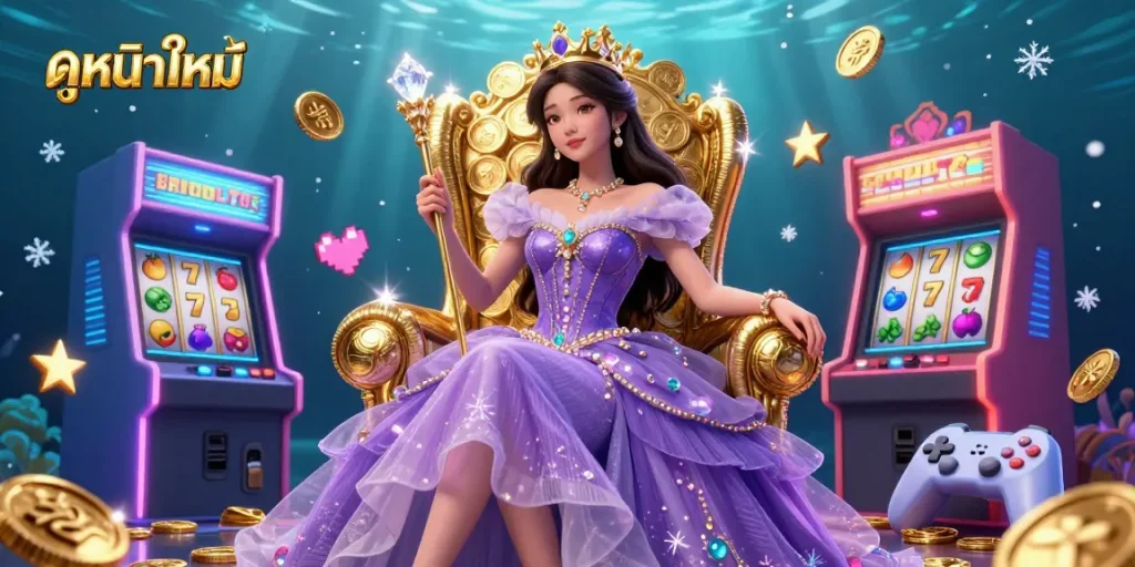 Spin and win with ดูหนังใหม่ amidst vibrant 3D gambling elements and enchanting character illustrations.