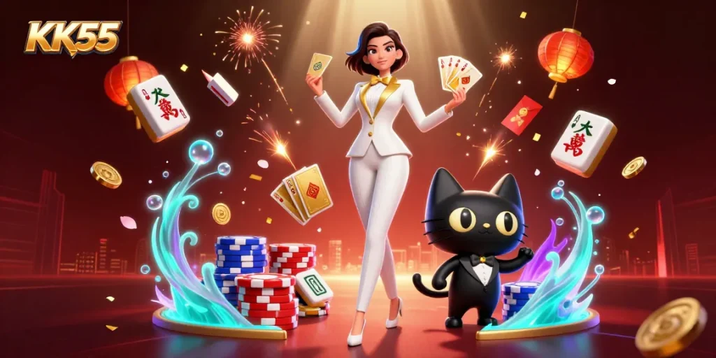 Engage with thrilling gaming at KK55, featuring a glamorous dealer and enticing casino elements.