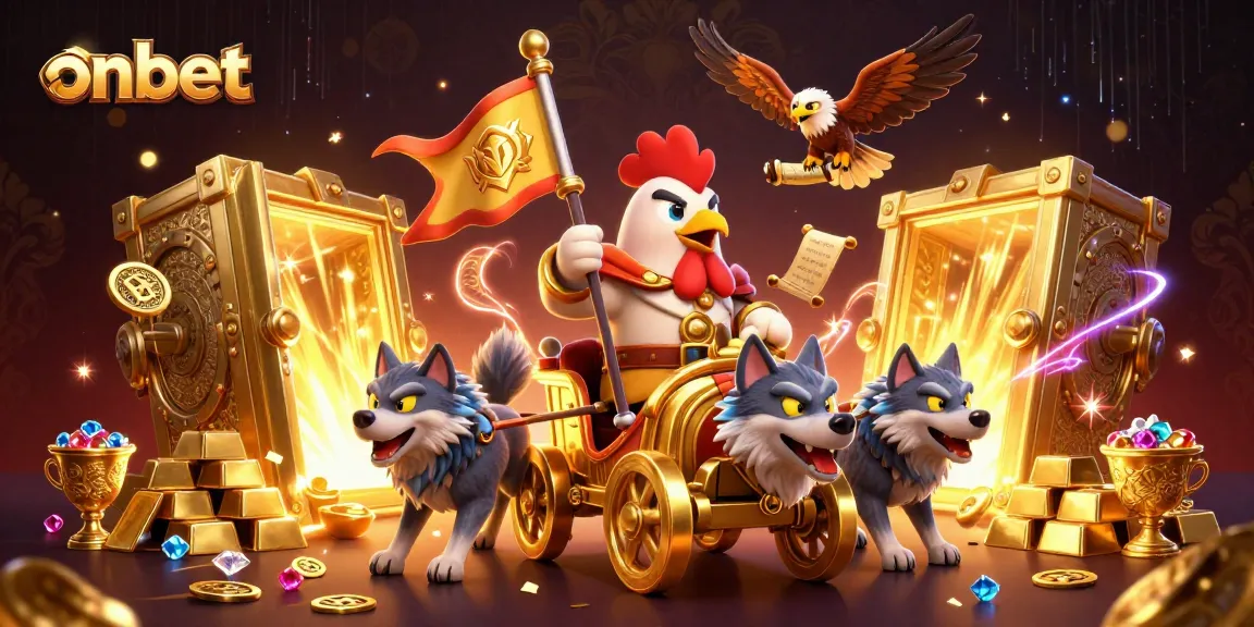 Experience exhilarating gameplay at onbet, featuring a dynamic scene with a rooster warlord and treasure.