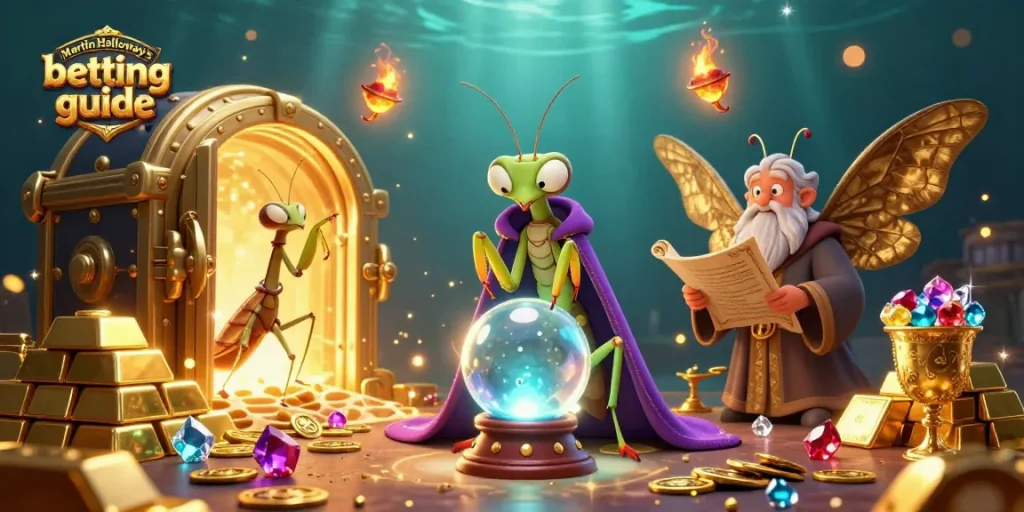 Engage with Martin Holloway’s betting guide in an enchanting casino scene filled with treasures.