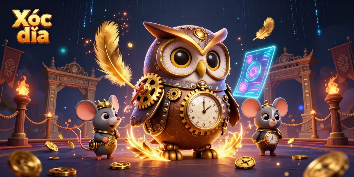 Xóc đĩa game scene with a 3D owl and a mouse amidst casino excitement and dynamic visuals