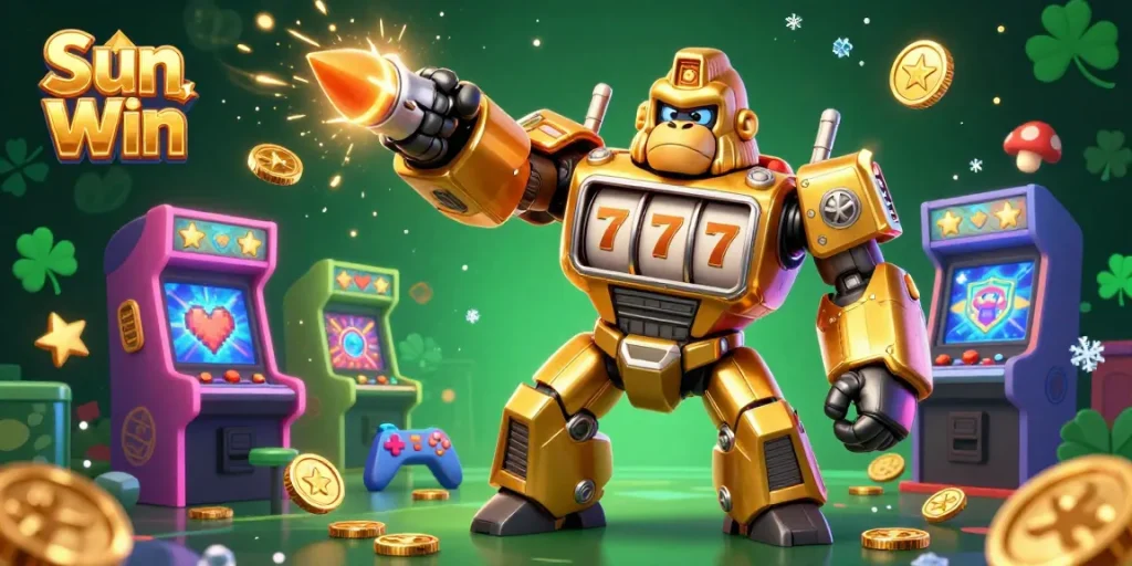 Experience the thrilling world of Sun Win with a vibrant 3D illustration of a golden gorilla mech dominating the casino scene.