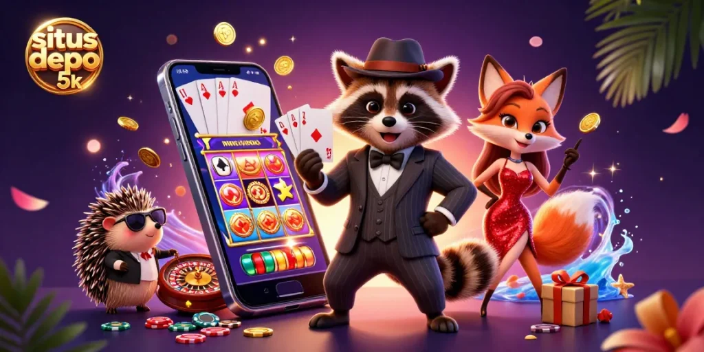 situs depo 5k showcases a dynamic scene with a raccoon holding a royal flush, surrounded by slot game elements.