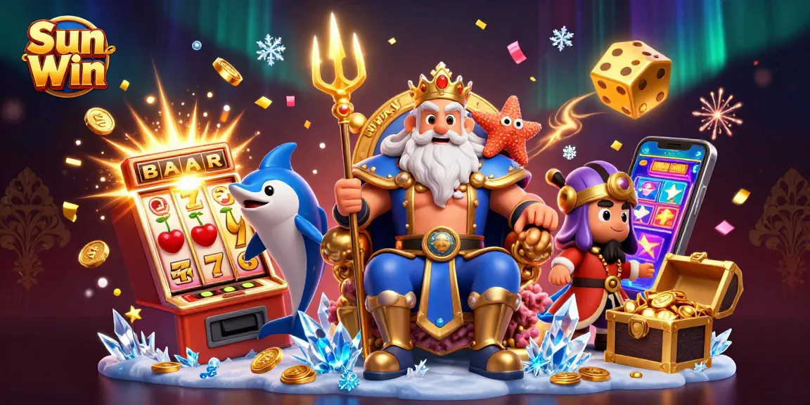 Sun Win showcases a vibrant 3D casino scene with Neptune, jackpot explosions, and gaming elements.