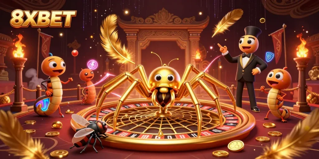 Experience thrilling bets at 8XBET with a golden spider and roulette wheel illustration.