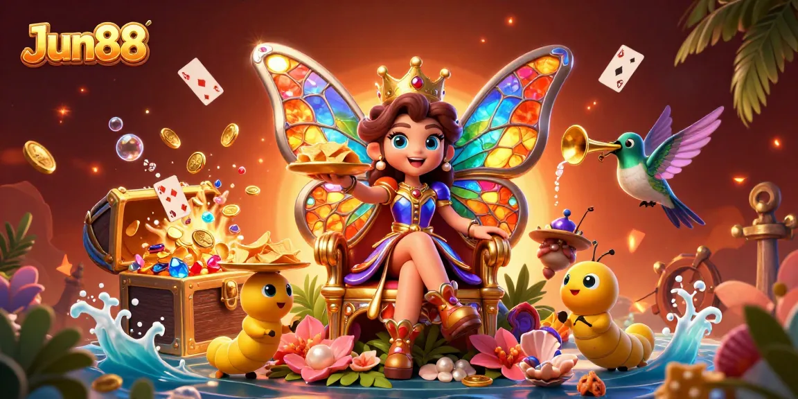 Immerse in Jun88's gaming realm featuring a vibrant butterfly queen amidst gold coins and playing cards.