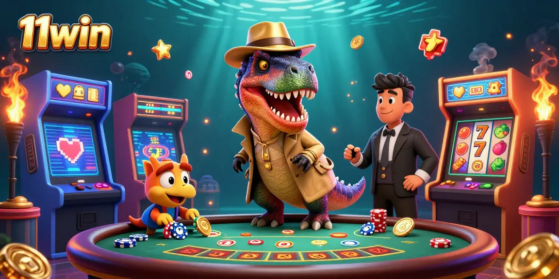 Experience gambling excitement with 11win through a lively blackjack scene featuring animated dinosaurs.