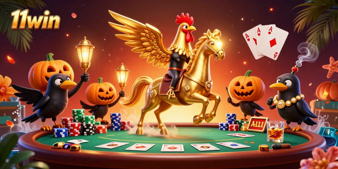 Experience thrilling wins with 11win in a vivid casino scene featuring golden rooster characters.