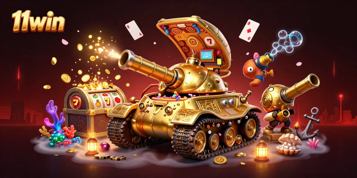 Engage with 11win's immersive casino experience inside a golden beetle tank amidst vibrant gaming elements.