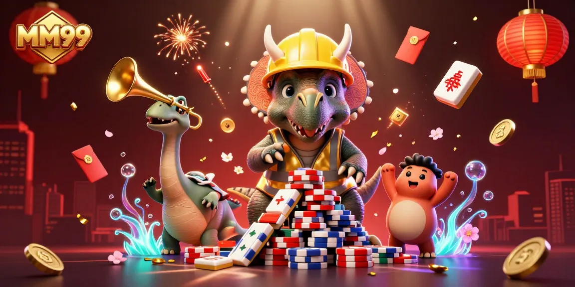 Celebrate winnings with MM99 in a vibrant casino scene filled with colorful elements and characters.