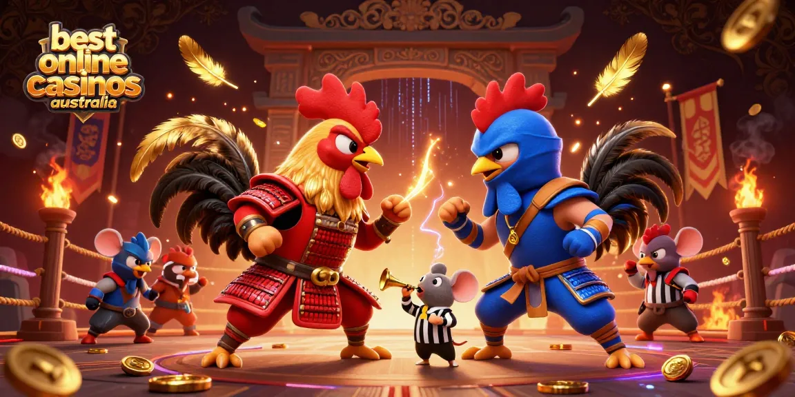 Engaging duel between roosters highlights best online casinos Australia with dramatic casino elements.