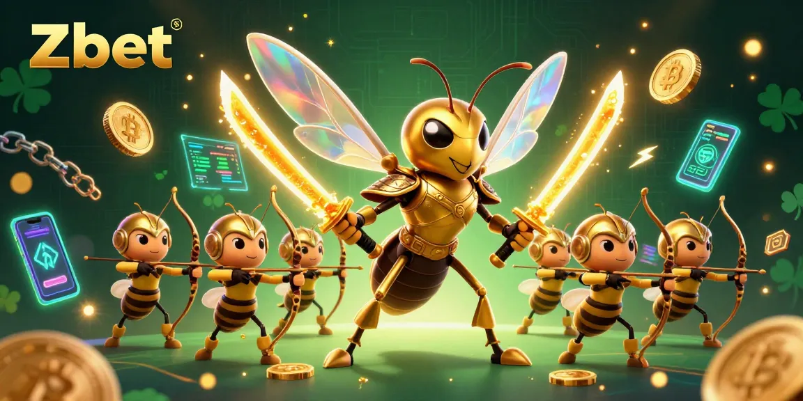 Zbet showcases an energetic gambling scene featuring a golden hornet samurai and cryptocurrency elements.