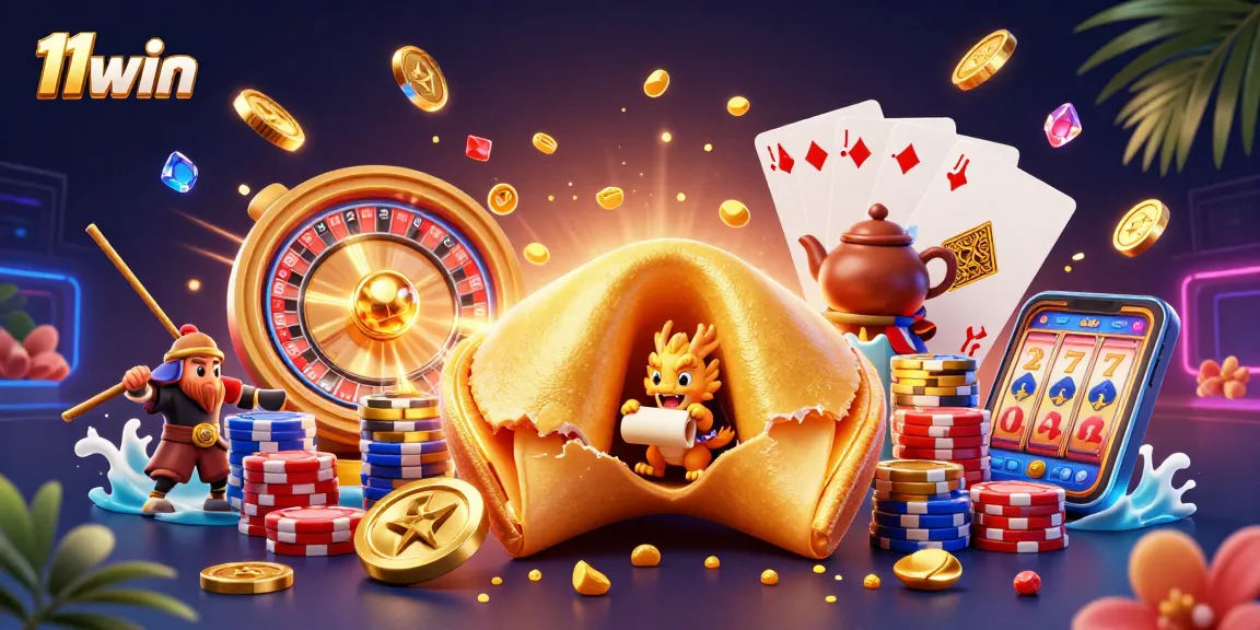 Engage with 11win's vibrant casino scene featuring a golden fortune cookie, wise dragon, and exciting game elements.