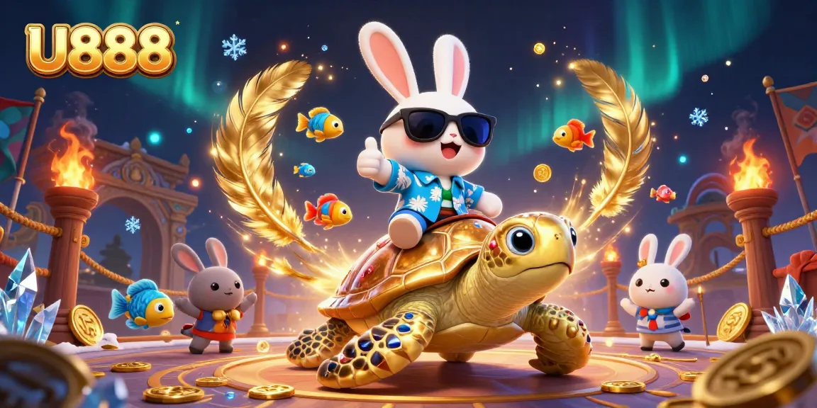 Experience thrilling gaming adventures with U888's lively casino scene featuring dynamic characters.