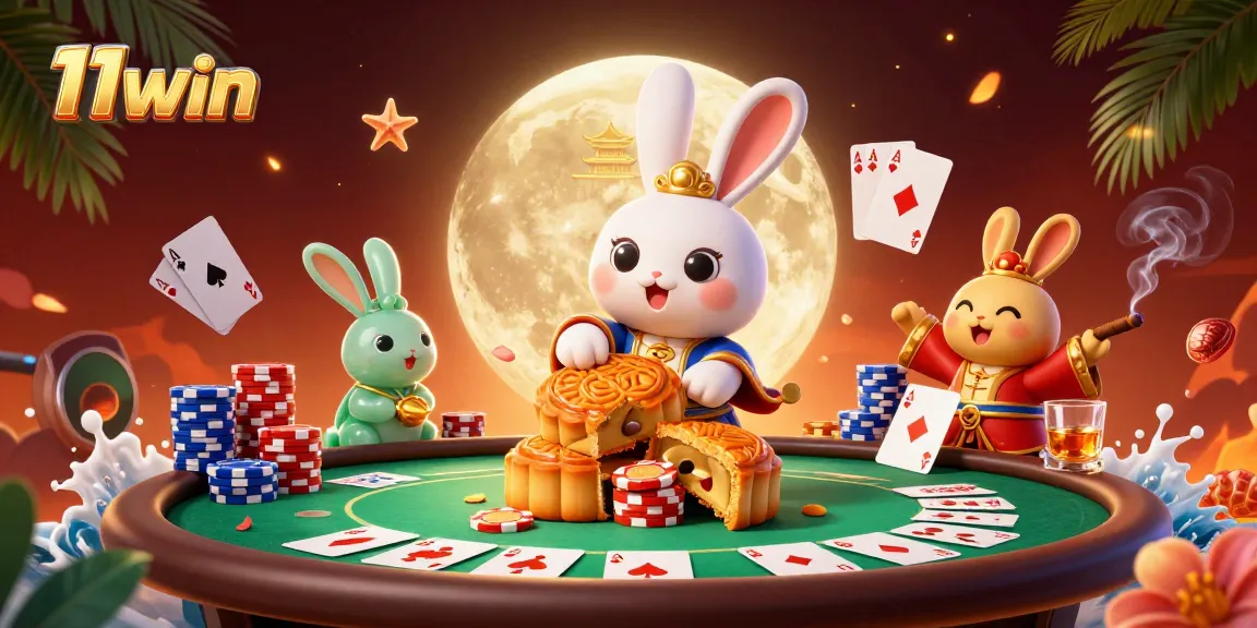 Experience the thrill of poker with 11win, where moon rabbits reveal hidden treasures in a vibrant casino scene.