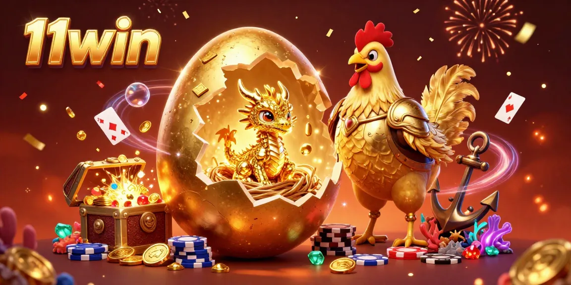 Experience the magic of 11win with golden dragons and vibrant casino elements in this captivating illustration.