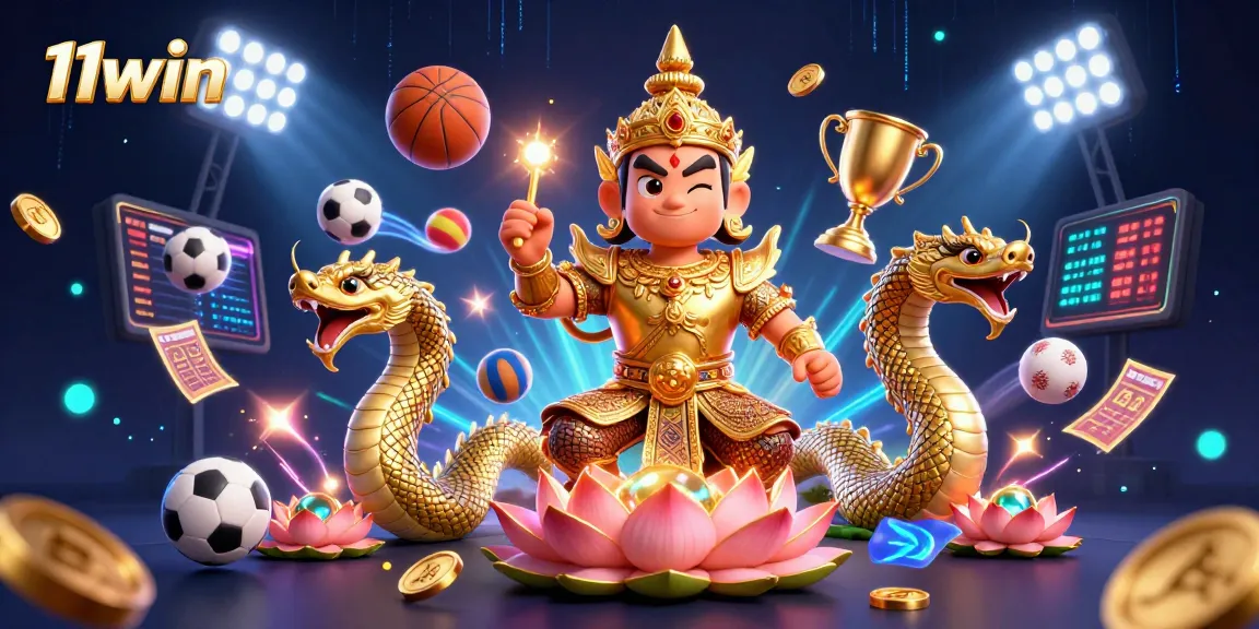 Experience the thrill of 11win sports betting with dynamic visuals of a Thai guardian and Naga companions.