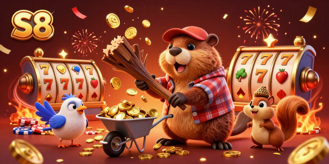 S8 casino themed scene showcasing cartoon characters celebrating with slot machines, gold coins, and festive elements.