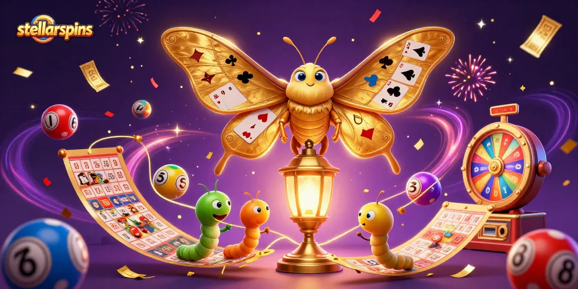 Stellarspins brings excitement with vibrant lottery balls and playful moth in a casino scene.